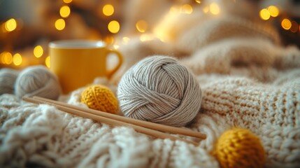 Cozy Knitting Scene with Warm Yellow Mug and Soft Yarn Balls on Knitted Blanket, Surrounded by Festive Lights