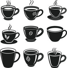 Set of Coffee Cup Silhouette Vector Illustrations with Organic Leaf and Steam Designs
