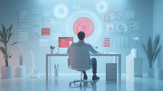 High-resolution 3D scene of an entrepreneur in a minimalist workspace, surrounded by visual goals, target graphics, and motivational icons for a focused business mindset