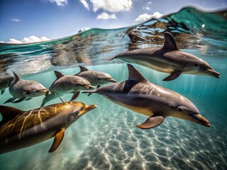 Fototapeta premium Breathtaking Aerial View of Dolphins Swimming in Crystal Clear Waters Captured by Drone Photography, Showcasing the Graceful Movement and Natural Habitat of Marine Life