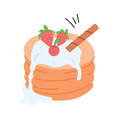 Stack of pancakes topped with fresh fruits and syrup