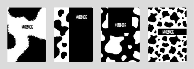 Set of cover designs for notebook, notepad, catalog with abstract furry spots under the texture of cowhide. Animal black and white print. Vertical format A4, A5.
