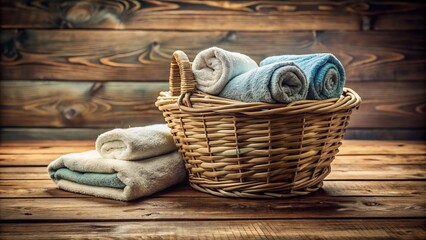 Obraz premium A Beautifully Arranged Basket of Clean Towels on a Wooden Table with Tilt-Shift Photography for a Unique Isolated Look, Perfect for Home Decor and Wellness Themes