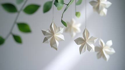 Minimalist origami mistletoe hanging from the top on a clean white background, with detailed folds and soft, even light that casts gentle shadows to enhance the festive, delicate look. --ar 16:9