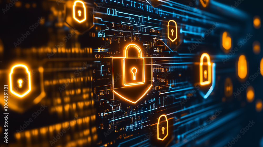Poster glowing locks appear against a backdrop of interconnected circuitry, symbolizing digital security an