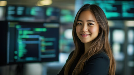 confident professional woman smiles while standing in modern office environment filled with computer screens displaying code and data. Her expression reflects determination and expertise