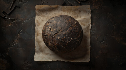 Rustic dark bread with crusty texture on parchment, set against a vintage, dark textured background