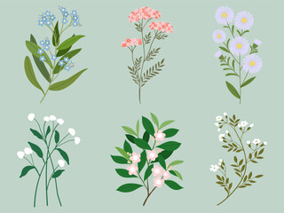 Collection of flowers on green pastel color. Can be used for your work. Welcome spring season concept.