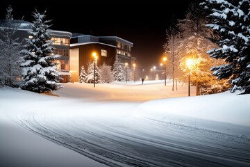 A peaceful snowy street at night illuminated by warm streetlights and surrounded by snow-covered trees and buildings, creating a serene winter atmosphere