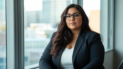 confident Indian businesswoman in professional setting, wearing glasses and black suit, poses thoughtfully by large window. Her expression reflects determination and professionalism