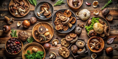 Aerial View of Delicious Shiitake Dried Mushroom Appetizer on Rustic Table with Copy Space, Ideal for Keto, Paleo, Vegetarian, and Vegan Diets, Perfect for Snack Lovers