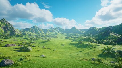 Fototapeta premium Lush green landscape with mountains and blue skies, evoking tranquility.