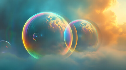 Ethereal floating orbs with radiant rainbow halos in dreamy sky