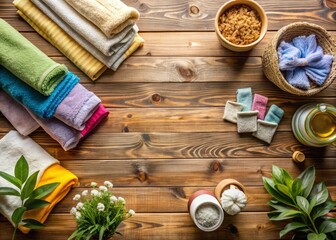 A Serene Top View of Clothes Washing: Soft Towels and Laundry Products Arranged on a Rustic Wooden Table for a Clean and Fresh Home Atmosphere