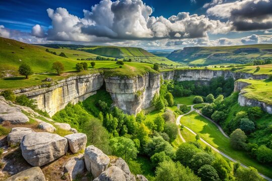 Breathtaking Malham Cove Panorama with Dramatic Limestone Scenery, Lush Greenery, and Open Sky Perfect for Travel and Nature Enthusiasts with Ample Copy Space