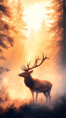 A stag stands in a misty forest at sunrise, bathed in golden light and surrounded by towering trees and foliage
