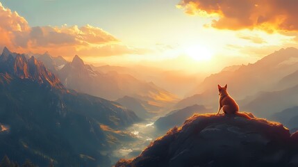 A Basenji sitting on a mountaintop at sunrise, with the vast wilderness stretching out below, in a majestic and adventurous painting style