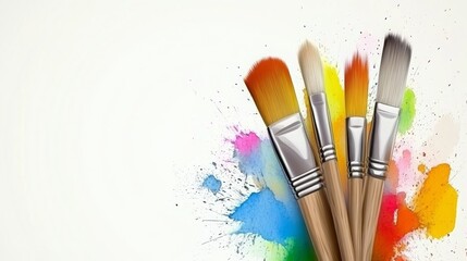 Fototapeta premium Artist's Studio with Multicolor Palette and Paintbrushes, Creating Abstract Art on Canvas