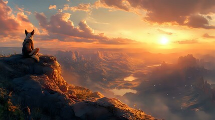 A Basenji sitting on a mountaintop at sunrise, with the vast wilderness stretching out below, in a majestic and adventurous painting style