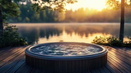 Fototapeta premium Hot tub on a wooden deck by the lake, peaceful scenery and relaxation