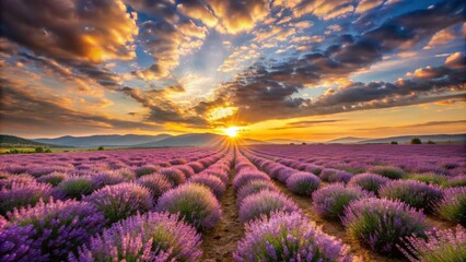 Fototapeta premium Breathtaking Panoramic View of a Lavender Field Bathed in Golden Light at Sunset, Showcasing Vibrant Purple Blooms Against a Warm, Glowing Horizon in a Tranquil Landscape