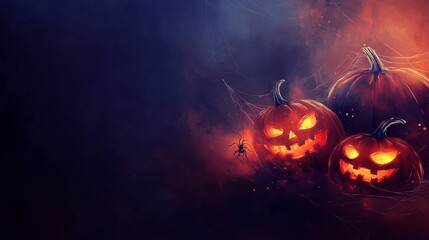 Three intricately carved jack-o'-lanterns glow in a dimly lit setting, entwined with ghostly cobwebs and an ominous feeling, capturing the essence of Halloween.