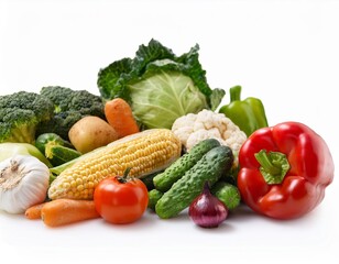 Fresh vegetables creating a colorful vegetarian composition on white background