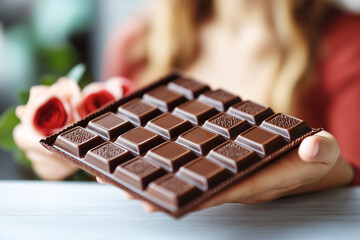A woman holding a large chocolate bar and a bouquet of roses