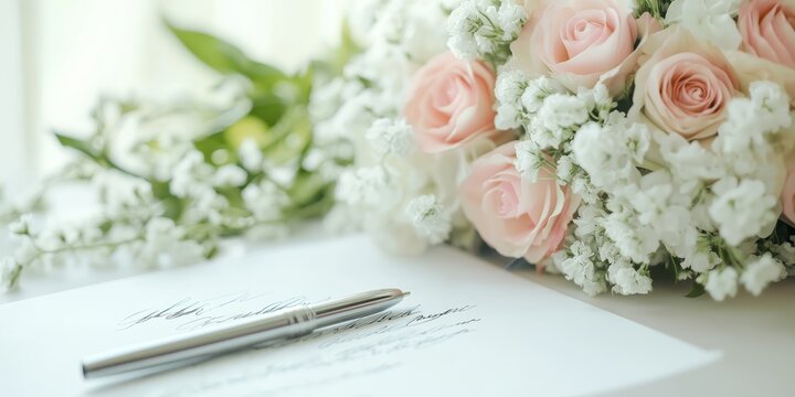 Elegant marriage certificate with pink and white flowers and pen in a minimalistic setting