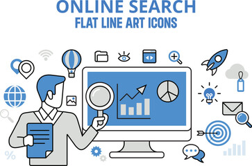 Online search results promotion SEO analytics promo concept flat line art icons.