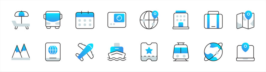 Set of travel icons. 16 sets of travel icons. Travel icons. Simple line color travel icons	