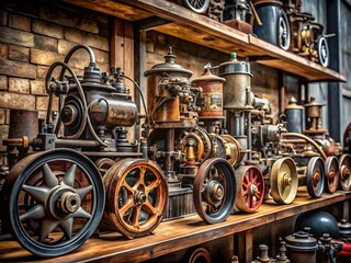 Fototapeta premium Captivating Documentary Photography of Vintage Engines on a Shelf Showcasing Industrial Design and Mechanical Engineering in a Unique Perspective