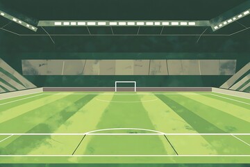 Empty Football Stadium: A vivid illustration of an empty football stadium bathed in the soft glow of stadium lights. The field, ready for action.