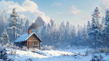Naklejka premium Small wooden banya cabin in a snowy forest, smoke rising from the chimney