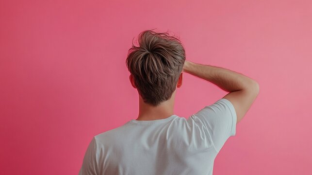 Man with his back to the camera, standing in front of a pink wall, with his arm raised to his head as if he is thinking or looking up.