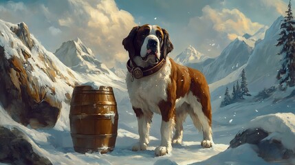 A Saint Bernard standing proudly in a snowy mountain rescue scene, with a small barrel around its neck, in a heroic painting style