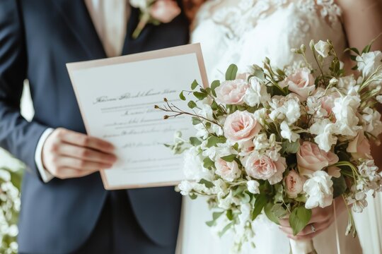 bride and groom 039;s joyful expressions as they show their signed marriage certificate against a backdrop of white and pink flowers, minimalistic setting