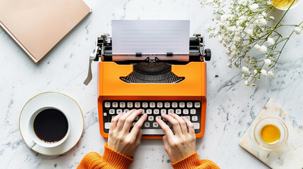 A person's hands typing on an orange typewriter with a cup of coffee, a notebook, and flowers on a white marble surface.