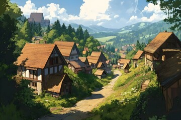 Fototapeta premium The Village in Anime Illustration