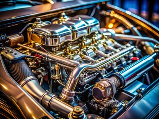 Closeup of a Car Engine with High Depth of Field Focusing on Intricate Components, Metal Parts, and Mechanical Details for Automotive Enthusiasts and Professionals