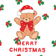 Hand drawn cute teddy bear Christmas vector illustration
