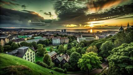 Fototapeta premium Breathtaking View of Skinnarviksbergen at Sunset with Scenic Nature and City Skyline, Captured Using the Rule of Thirds for Stunning Depth and Composition