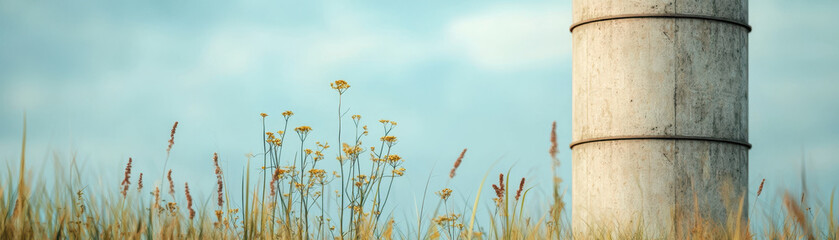 Naklejka premium Industrial smokestack surrounded by vibrant grass and wildflowers