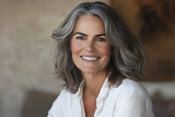 Obraz premium Warm Close-Up Portrait of a Friendly, Smiling Woman in Her 50s