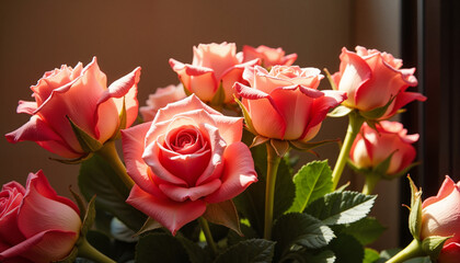Fototapeta premium Vibrant coral roses in natural sunlight for romantic gesture