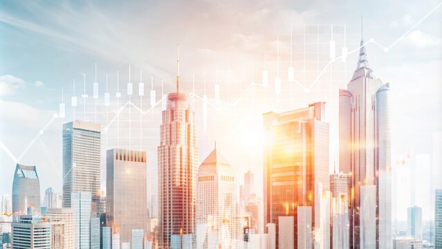 Skyline of a modern city with financial growth charts superimposed over it.