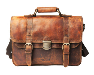 Brown leather briefcase isolated on transparent background