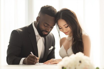 Interracial couple  african american groom and asian bride signing marriage certificate together