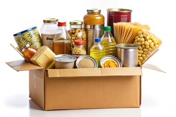 Donation Box with Assorted Food Items - Open Cardboard Box Featuring Canned Goods, Cereals, and Pasta Isolated on White Background for Charity and Food Drive Concepts