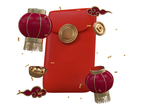 Chinese new year with 3D realistic red envelope, ornaments, gold coin, gold ingots, lanterns, gold confetti and chinese cloud for presentation, banner. Mid Autumn festive luxury concept
